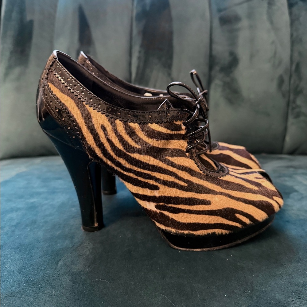 Fendi Animal Print Pony Hair Lace-Up Ankle Boot Pumps